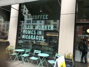 Front entrance; fair trade at Think Coffee in New York City