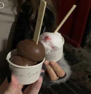 Vegan dark chocolate & vegan coconut & raspberry gelato  at Jack's Gelato in Cambridge