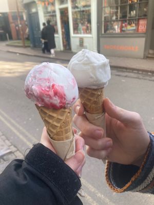 Coconut and raspberry ripple ice cream, and lychee sorbet  at Jack's Gelato in Cambridge