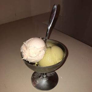 Rhubarb ‘sorbet’ (very creamy) & pistachio - both amazing flavours at Jack's Gelato in Cambridge