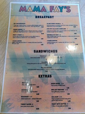 Breakfast menu (July 2025) at Mama Fay's in Aberystwyth