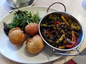 Stir-fry callaloo and dumplings (July 2025) at Mama Fay's in Aberystwyth