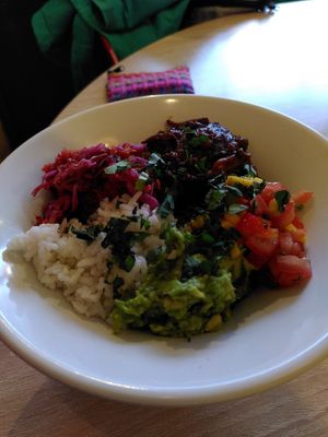 Jackfruit burrito bowl (July 2025) at Mama Fay's in Aberystwyth