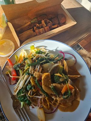 Faux char - siu and faux beef, faux chicken satay. Vegan sharing platter. vegan prawn crackers with a selection of sauce. at Hoi-An in Bodmin