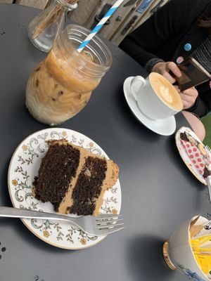 Iced oat latte and vegan coffee cake   at Glass Onion in Liverpool