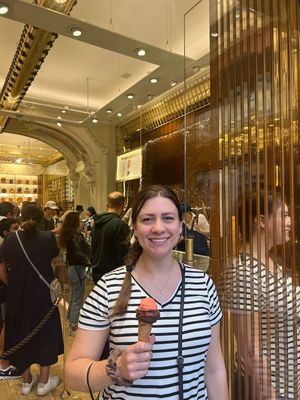 Me with strawberry and dark chocolate gelato 😊  at Venchi in Rome