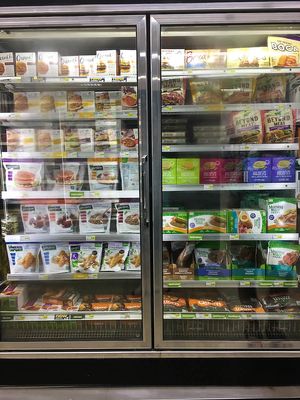 Frozen meals and meat alternatives at Kirk Market in George Town