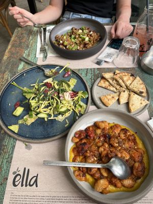 Green bean salad, chickpeas, giant beans, pita  at Ella Greek Cooking in Athens