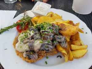 Seitenschnitzel mit Champignon-Rahmsauce at La Fee in Gelnhausen