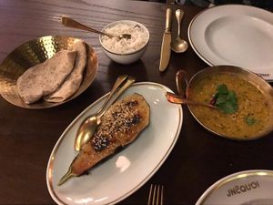 Miso aubergine and dal w rice and bread at JNcQUOI Asia in Lisbon