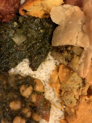 A take-out feast including Shaag Bhaje, Vegetable Samosa, and Bhujia. at New Paltz Indian Restaurant in New Paltz