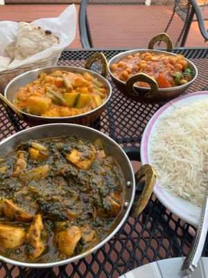 Mushroom shaag, vegetable karma made vegan and Chana Masala  at New Paltz Indian Restaurant in New Paltz
