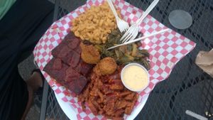 Large $16 plate! Soy curl BBQ was amazing!! Good sauce and good hush puppies!! at Homegrown Smoker Vegan Barbecue - Food Cart in Portland
