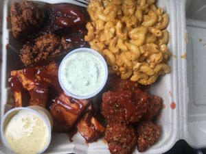 Sampler plate at Homegrown Smoker Vegan Barbecue - Food Cart in Portland