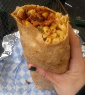 This enormous mac&cheese/bbq bean/veg meat wrap could take over the planet. at Homegrown Smoker Vegan Barbecue - Food Cart in Portland