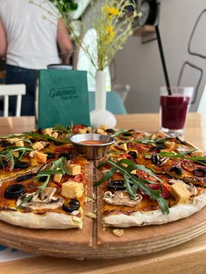 Vegan pizza with tofu   at Garun in Yerevan