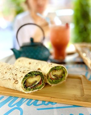 Twister wrap grilled vegetables: flatbread, eggplant, zucchini, tomato, cucumber, guacamole sauce at Garun in Yerevan