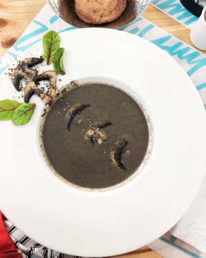 Vegan mushroom cream-soup with coconut milk. Served with gluten-free cornbread or whole grain bread. at Garun in Yerevan