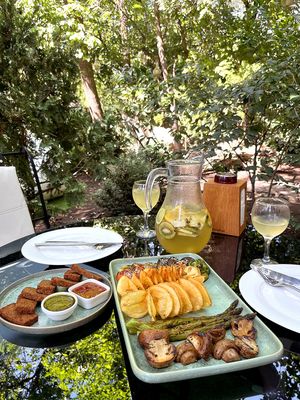 Vegan meal in El Garden. Grilled vegetable set, falafel with chimichurri sauce and sweet'n'spicy tomato sauce. at EL Garden in Yerevan