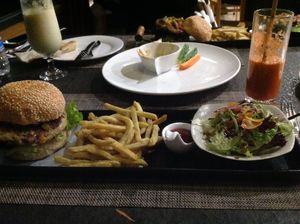 Veggie burger - homemade burger sauce  is delicious  at The Garden in Yangshuo