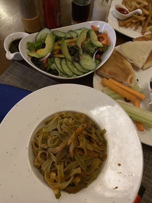 Spinach pasta and greed salad  at The Garden in Yangshuo