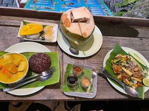 Yellow curry, pad see ew, fresh coconut, mango sticky rice  at Mr Green in Chiang Mai