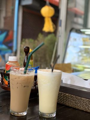 Iced coffee (soymilk) and pineapple smoothie  at Mr Green in Chiang Mai