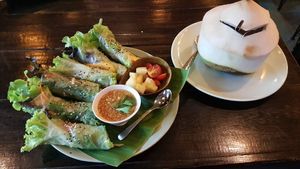 Fresh spring rolls and coconut water at Mr Green in Chiang Mai