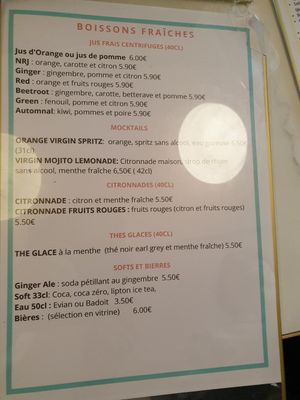 Cold drinks menu at La Popote d'Ondine in Nice