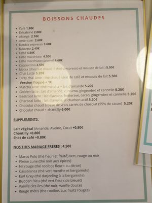 Hot drinks menu at La Popote d'Ondine in Nice