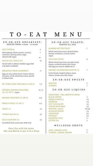 Menu breakfast, toasts, sweets and drinks at NRG  in Nassau