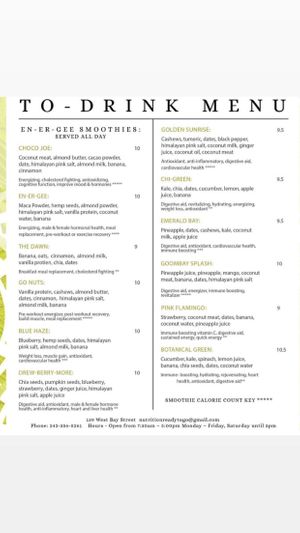 Smoothie menu at NRG  in Nassau