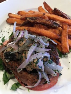 Beyond burger no bun (bun isn’t vegan) and sweet potato fries  at NRG  in Nassau