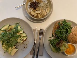 Avocado toast, chia pudding, and morning veggie burger. Beautiful! at Federal Cafe in Barcelona