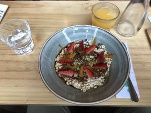 The very yummy overnight oats. All vegan all good. Comes with strawberries coconut milk and agave  at La Panetteria in Lima