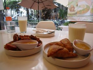 Bahji (left) & Samosa (right). Both 🤤, but Samosa has my preference 😁!  at Naan in Mexico City
