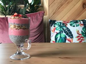 Chia and coconut pudding with raspberry mousse and Indian granola at Figo de Pita in Olhao