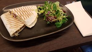 Vegan Quesadilla and salad at Green House  in Brussels