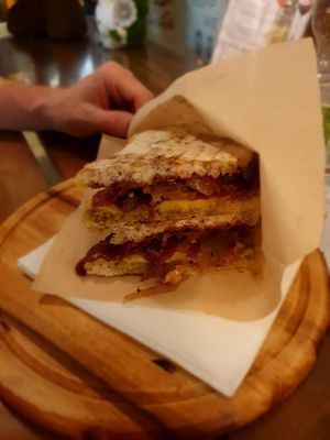 19. TERES:

Vegan Mortadella ham, pistachio cream; vegan cheese, crunchy fried onions; Tropea caramelized onions, chili pepper pate. at A'Marenna in Sorrento