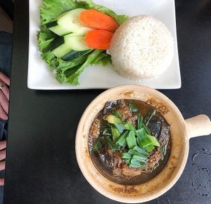Braised eggplant claypot with rice and pickled veggies
 at Non La Vietnamese Cuisine in Portland