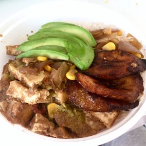 BBQ tofu with rice, plantains and avocado at One Love Vegetarian in Toronto