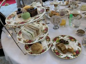 Vegan high tea (three plates on the tiered stand), and one vegan plate of savoury snacks   at The Tea Room in Sydney