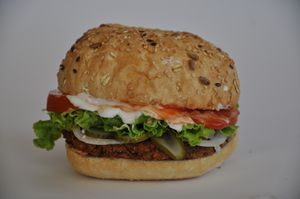 Vegan burger, with a homemade vegan patty, onion, pickles, tomatoes, lettuce, ketchup and vegan mayo. at VIKI BURGER in Koper