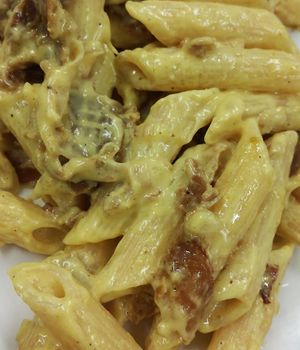 Vegan pasta carbonara with crispy vegan bacon. at The Vegan Butcher's Choice in Brussels