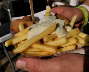 Vegan chicken nuggets, fries and tartare sauce at The Vegan Butcher's Choice in Brussels