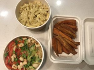 Glass noodle salad, Mac n cheese, Kumara fries at Vegan Comfort in Auckland