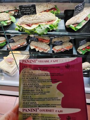 The vegan menu and ready made sandwiches in the counter at Cuore Fresco in Catania