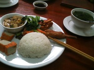 Co'm xuat / Set menu 35.000 VND with a lot of mock meats at Hà Thành in Hanoi