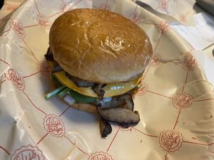 “Den fule” burger with shiitake mushrooms, made vegan on request with vegan patty, vegan cheese and vegan mayonnaise! at Lily's Burger - Nytorget in Stockholm