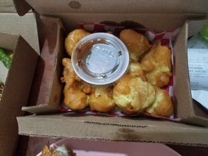 "Boneless de coliflor": fried cauliflower with BBQ sauce. Batter seemed a bit liquidy, maybe undercooked?  But still yummy, as was the sauce... at Rincón Veggie in Mexico City